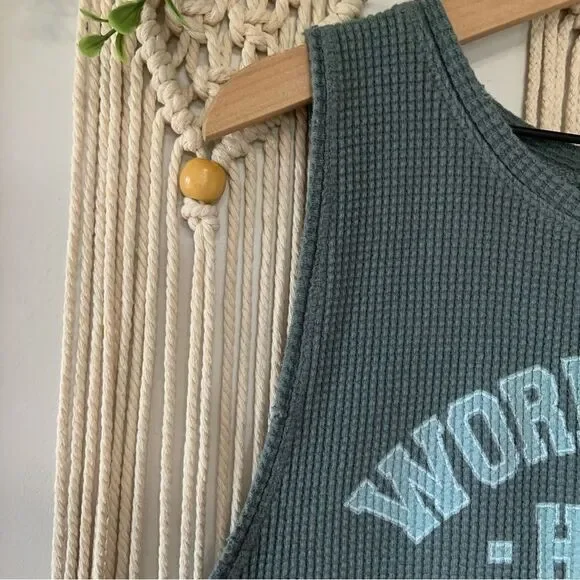 AERIE WOW! Offline Cropped Waffle Tank Top World Class Hiker Blue Green Large - Picture 4 of 9